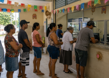 Sete pessoas de diferentes idades aguardam em fila em agência com decoração de festa junina