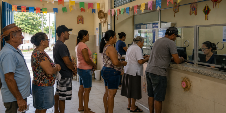 Sete pessoas de diferentes idades aguardam em fila em agência com decoração de festa junina