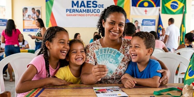 Mulher sorridente mostra notas de 100 reais junto a três crianças em evento do Mães de Pernambuco