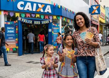 Mulher e duas meninas sorrindo, segurando notas de real, em frente à Caixa decorada para São João