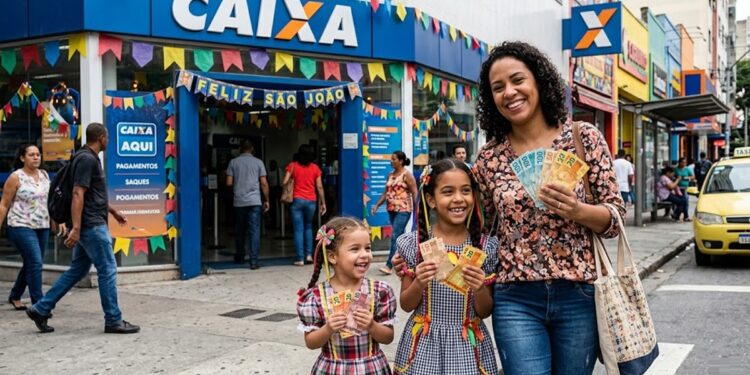 Mulher e duas meninas sorrindo, segurando notas de real, em frente à Caixa decorada para São João