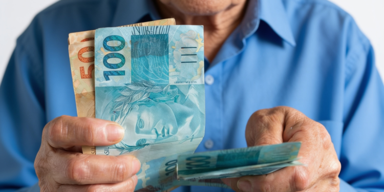 Idoso segurando notas de R$ 100 e R$ 50.