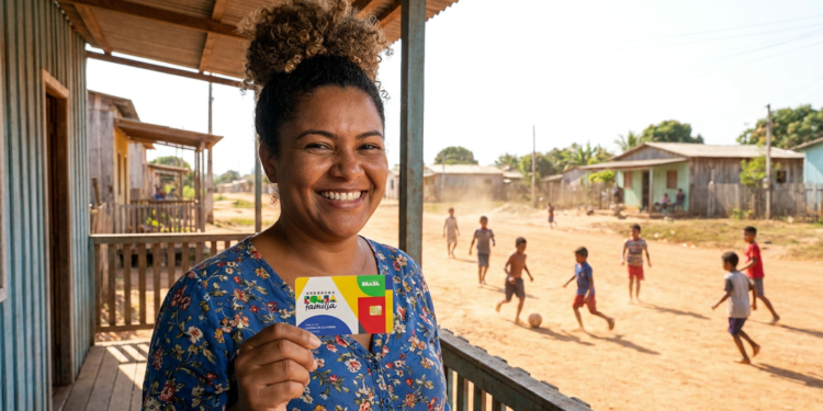Mulher sorridente exibe cartão Bolsa Família em comunidade rural.