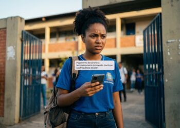 Jovem negra de uniforme azul lê mensagem no celular informando bloqueio temporário do benefício escolar