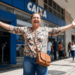 Mulher sorridente celebra em frente à agência da Caixa Econômica.