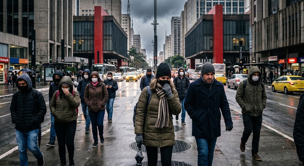 Pessoas com roupas de frio e máscaras caminham sob tempo nublado e úmido na Avenida Paulista, SP