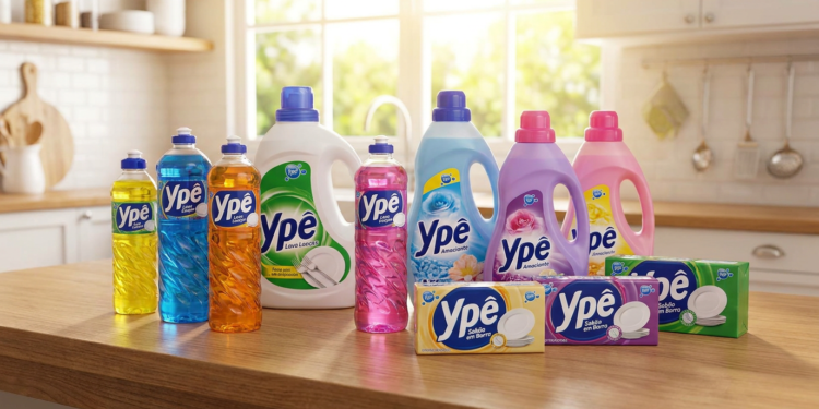 Linha completa de produtos de limpeza Ypê organizada em bancada de cozinha iluminada.