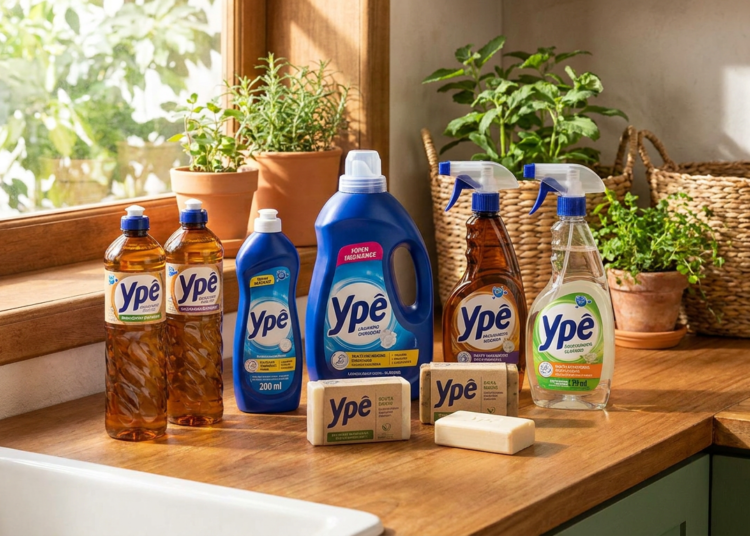 Produtos de limpeza Ypê expostos em cozinha iluminada com plantas.