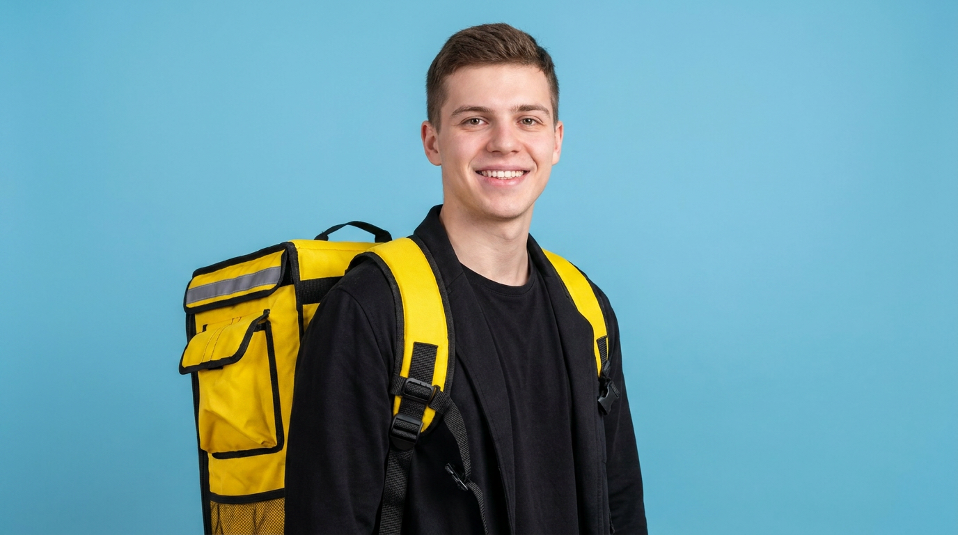 Entregador jovem com mochila amarela em fundo azul.
