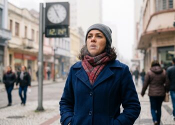 Mulher com gorro cinza e cachecol vermelho caminha em calçadão urbano durante dia frio, relógio marca 14°C