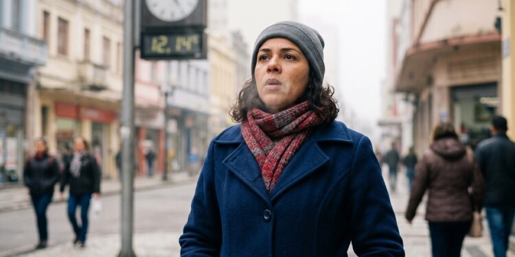 Mulher com gorro cinza e cachecol vermelho caminha em calçadão urbano durante dia frio, relógio marca 14°C
