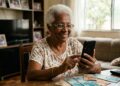 Mulher idosa sorrindo usa celular em casa com dinheiro em notas de 50 e 100 reais sobre a mesa