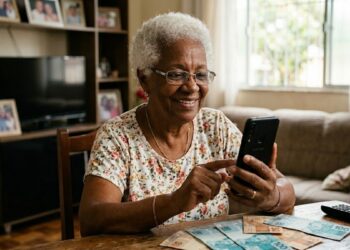 Mulher idosa sorrindo usa celular em casa com dinheiro em notas de 50 e 100 reais sobre a mesa
