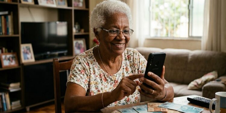 Mulher idosa sorrindo usa celular em casa com dinheiro em notas de 50 e 100 reais sobre a mesa