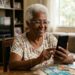 Mulher idosa sorrindo usa celular em casa com dinheiro em notas de 50 e 100 reais sobre a mesa