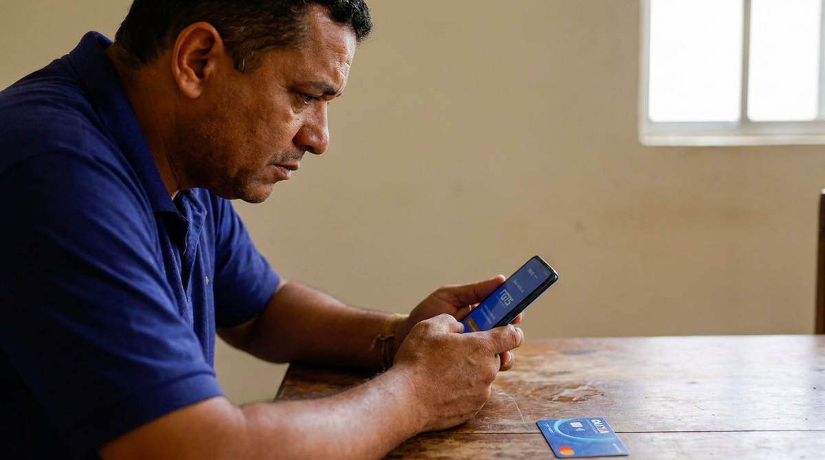 Homem de camisa polo azul usa celular com tela azul do aplicativo FGTS, cartão Caixa de débito sobre mesa de madeira