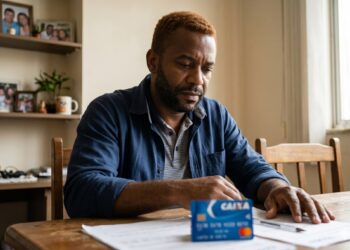 Homem negro com cabelo ruivo segura cartão Caixa azul enquanto examina documentos sobre mesa de madeira