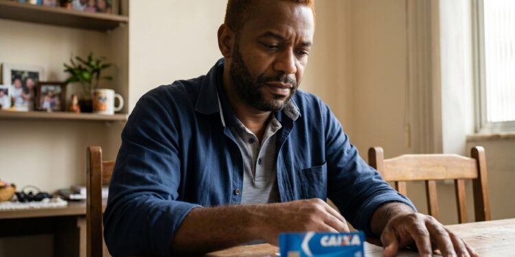 Homem negro com cabelo ruivo segura cartão Caixa azul enquanto examina documentos sobre mesa de madeira