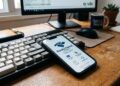 Celular com aplicativo da Receita Federal sobre teclado de computador ao lado de caneca escrita "CAFÉ E TRABALHO"
