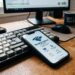 Celular com aplicativo da Receita Federal sobre teclado de computador ao lado de caneca escrita "CAFÉ E TRABALHO"