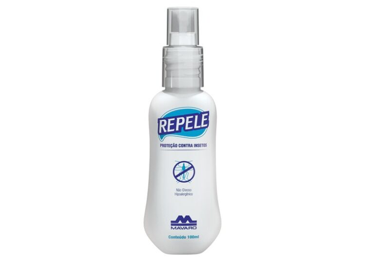 Frasco branco de repelente Repele com válvula spray, rótulo azul e logotipo Mavaro.