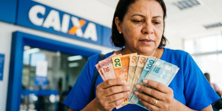 Mulher segura notas de 10, 20, 50 e 100 reais em frente à agência da Caixa Econômica Federal