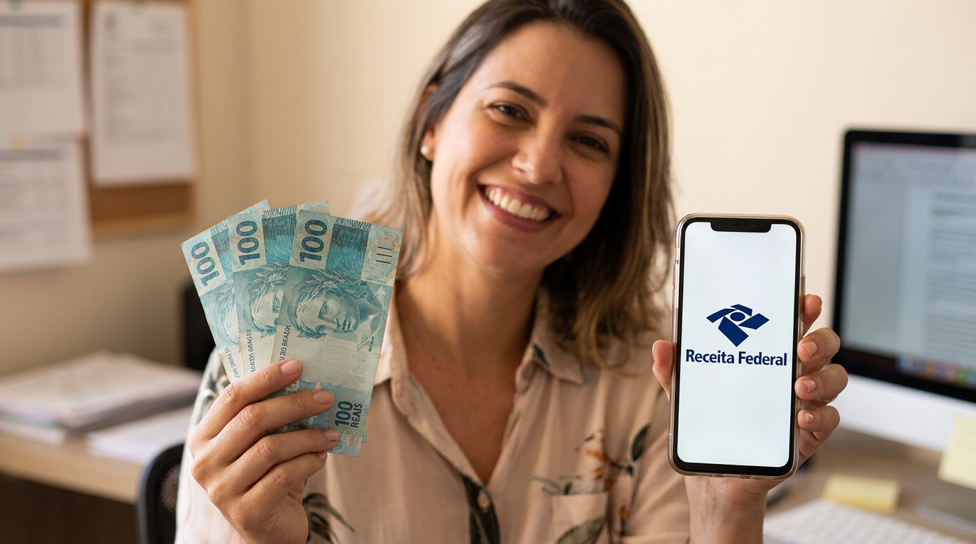 Mulher sorrindo segura notas de 100 reais e celular com logo Receita Federal.