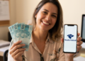 Mulher sorrindo segura notas de R$100 e celular com logo da Receita Federal em escritório.