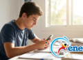 Estudante focado revisa conteúdos do ENEM usando o celular.