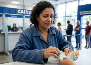 Trabalhadora recebe notas do Abono Salarial PIS/Pasep 2026 no balcão de uma agência da Caixa.