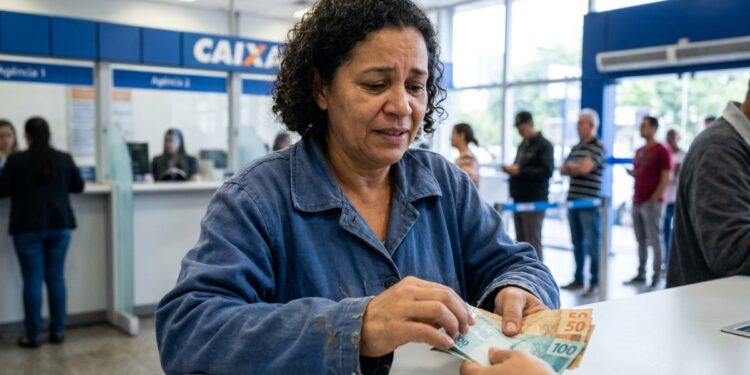 Trabalhadora recebe notas do Abono Salarial PIS/Pasep 2026 no balcão de uma agência da Caixa.