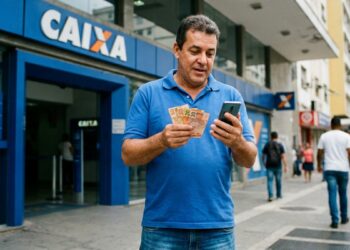 Trabalhador confere o celular e segura cédulas em frente à Caixa, em referência ao Abono Salarial de junho de 2026