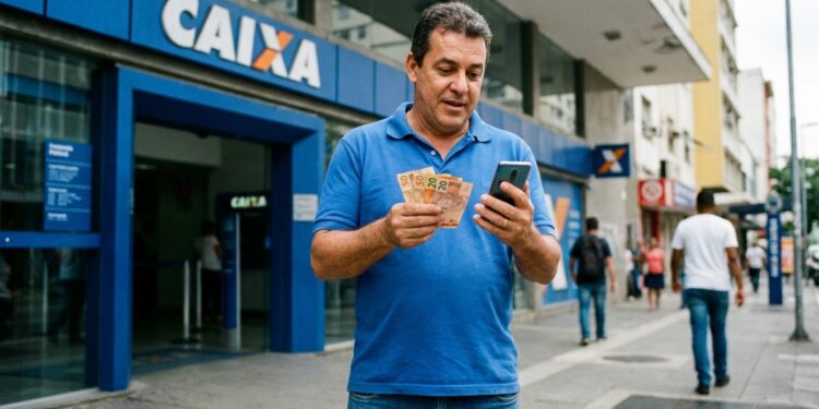 Trabalhador confere o celular e segura cédulas em frente à Caixa, em referência ao Abono Salarial de junho de 2026