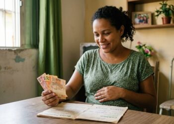 Mulher grávida sorri segurando notas de 10, 20 e 50 reais com cartão do Bolsa Família sobre a mesa