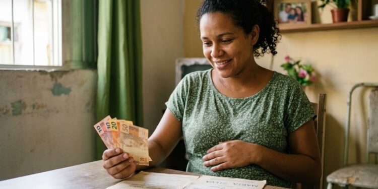 Mulher grávida sorri segurando notas de 10, 20 e 50 reais com cartão do Bolsa Família sobre a mesa