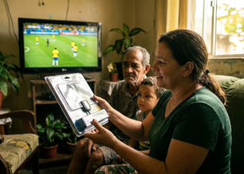 Família observa o kit da antena digital do Brasil Antenado enquanto assiste a um jogo de futebol na TV.