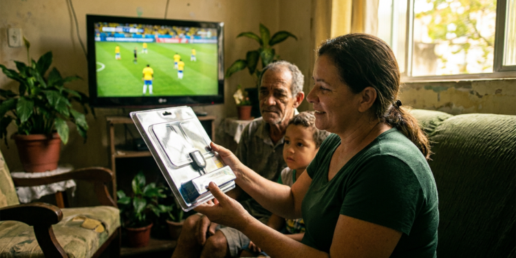 Família observa o kit da antena digital do Brasil Antenado enquanto assiste a um jogo de futebol na TV.