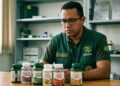 Fiscal da Anvisa à mesa com frascos de suplementos de "controle de glicemia" e "saúde cardio", do tipo proibido por prometer tratar doenças sem registro