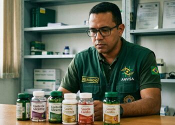 Fiscal da Anvisa à mesa com frascos de suplementos de "controle de glicemia" e "saúde cardio", do tipo proibido por prometer tratar doenças sem registro