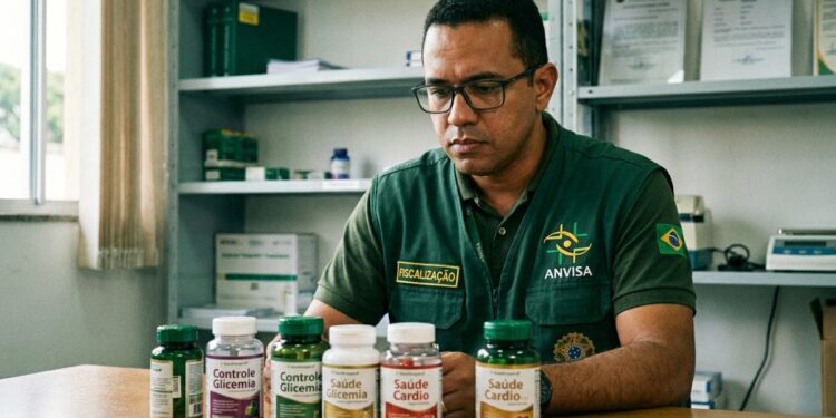 Fiscal da Anvisa à mesa com frascos de suplementos de "controle de glicemia" e "saúde cardio", do tipo proibido por prometer tratar doenças sem registro