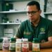 Fiscal da Anvisa à mesa com frascos de suplementos de "controle de glicemia" e "saúde cardio", do tipo proibido por prometer tratar doenças sem registro