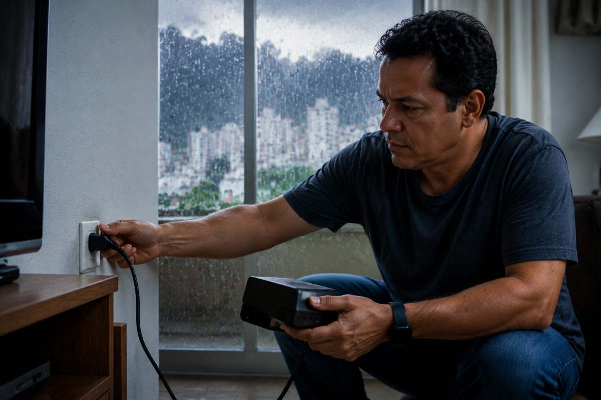 Homem desliga aparelho eletrônico da tomada em casa durante chuva forte na janela