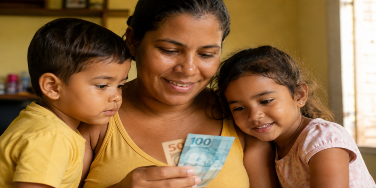 Mãe sorridente segura cédulas de real ao lado dos dois filhos pequenos