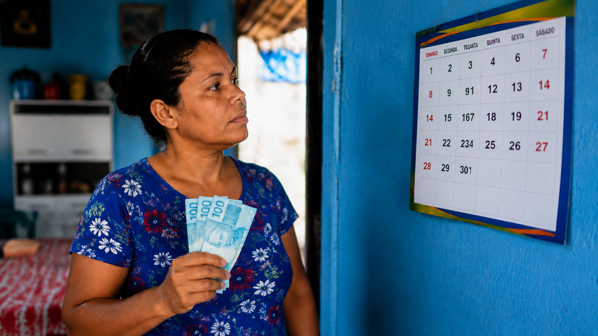 Mulher com notas de cem reais confere datas em calendário de parede