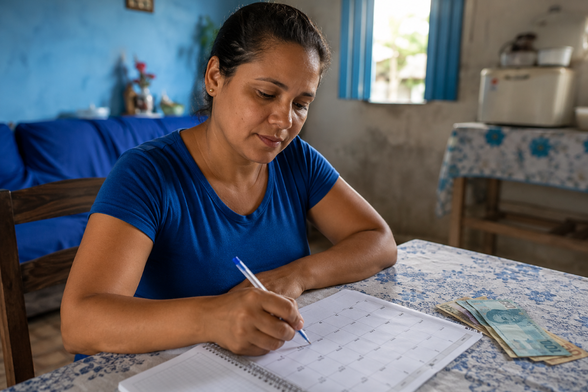 Mulher anota datas em calendário de mesa ao lado de notas de real sobre a mesa