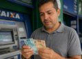 Homem confere notas de cem e cinquenta reais em frente a caixa eletrônico da Caixa