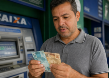 Homem confere notas de cem e cinquenta reais em frente a caixa eletrônico da Caixa