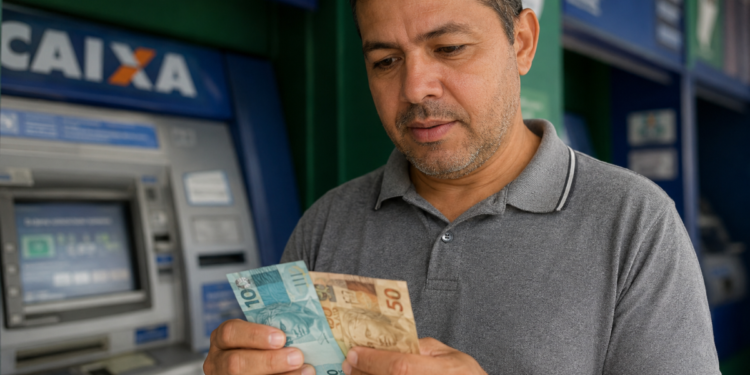 Homem confere notas de cem e cinquenta reais em frente a caixa eletrônico da Caixa