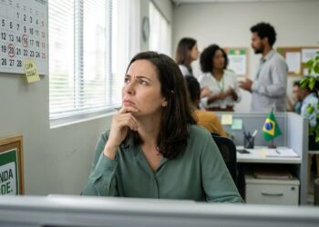 Trabalhadora pensativa em um escritório com calendário e bandeira do Brasil ao fundo, representando a dúvida sobre folga nos jogos da Copa 2026.