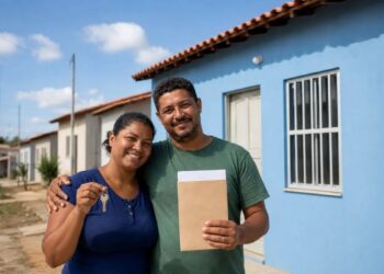 Casal sorri segurando chave e envelope em frente a casa popular azul recém-recebida